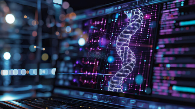 Double helix structure of DNA molecule. Abstract digital background with glowing particles.