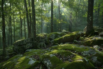 Fototapeta premium A serene forest glade with shafts of sunlight filtering through the trees onto moss-covered rocks