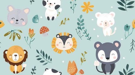 Cute cartoon wild animals with cheerful faces surrounded by nature s flora