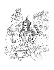 angel riding a sleigh pencil drawing for card decoration illustration