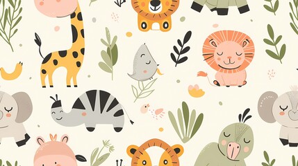 Cute hand drawn jungle animals in a seamless pattern