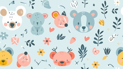 Cute pattern with cartoon bears and nature elements