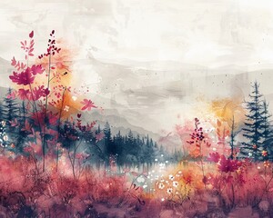 An abstract watercolor background with fluid, colorful layers and elements suggesting a dreamlike landscape