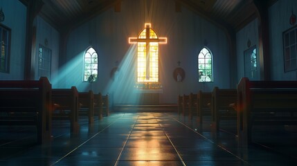 Empty church sanctuary with wooden pews, stained glass windows, and a vaulted ceiling