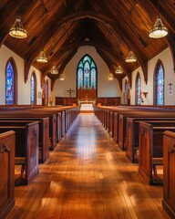 Fototapeta premium Empty church sanctuary with wooden pews, stained glass windows, and a vaulted ceiling