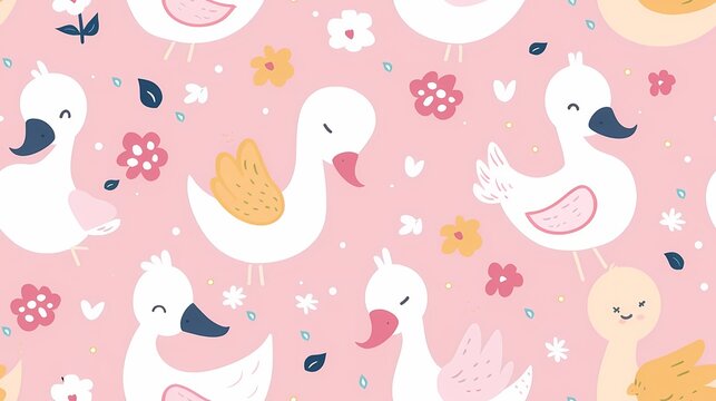 Cute pattern of playful ducks and flowers on pink