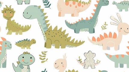 Playful cartoon dinosaurs frolicking amongst foliage