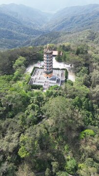 Aerial view of Pa Cien Pagoda with Ita thao pier background in Nantou
