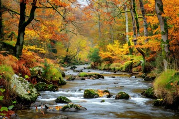 A tranquil forest glen with a babbling brook and vibrant autumn foliage