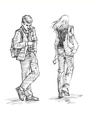 sketch of people standing pen drawing for card decoration illustration