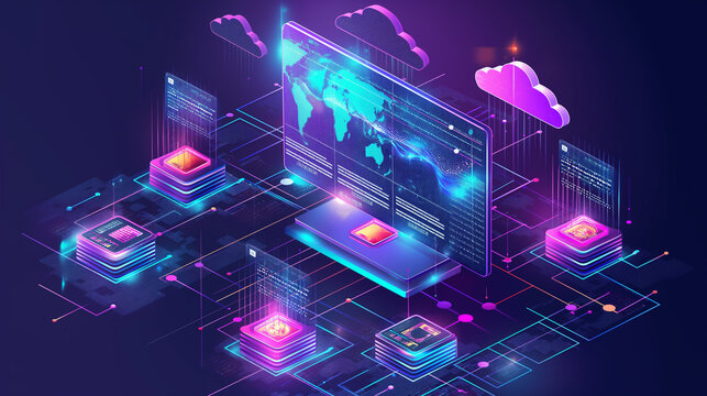 Laptop with a map of the world on the screen and glowing server racks around it.