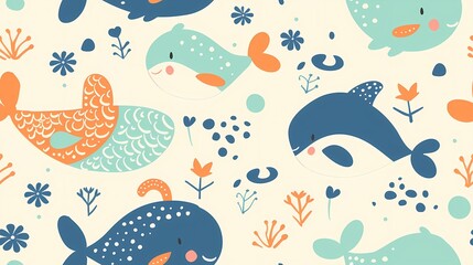 Whimsical sea life pattern with playful whales and ocean flora