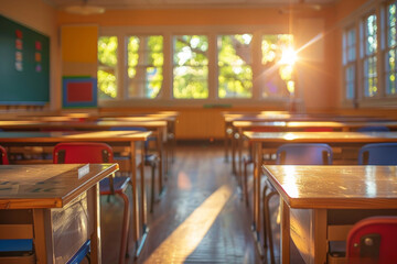 Sunlight streams through the windows of an empty classroom, casting a warm glow over colorful desks and chairs, ready for a new school day.