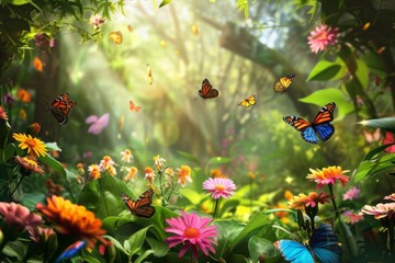 A whimsical forest scene with colorful butterflies flitting among vibrant flowers