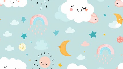 Dreamy sky with cute smiling celestial elements and rainbows