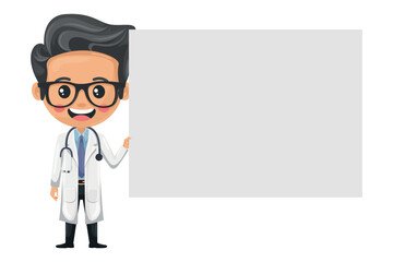 Cartoon of smiling doctor character holding a banner with space for text, advertising, presentations, brochures. Health and medicine concept. Research, science and technology in health