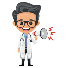 Cartoon doctor making an announcement with a megaphone. Health and medicine concept. Health professional to perform a medical examination on a patient. Research, science and technology in health