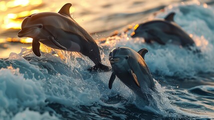 Group of Dolphins Leaping from Ocean Waves at Sunset, Dynamic Aquatic Scene, YouTube Thumbnail, Left Text Space, Realistic Marine Life