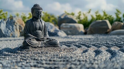 Buddha statue in zen garden amidst gravel and rocks, with sky in the background