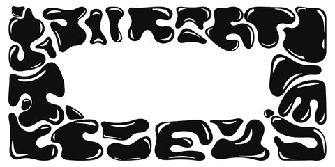 Abstract horizontal rectangular frame of wavy bubble elements in trendy y2k style. Set of liquid abstract shapes in dark color with highlights. 