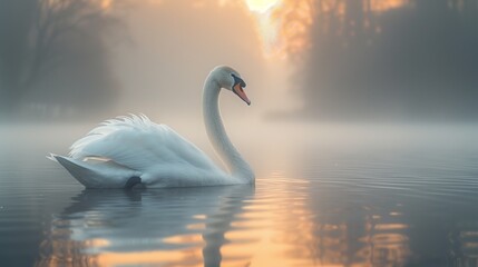 Fototapeta premium Elegant Swan on Misty Lake at Dawn, Tranquil Water, YouTube Thumbnail, Copy Space for Text on Left, Realistic Bird Scene