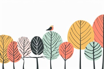 Obraz premium Cartoon cute doodles of a minimalist forest scene with abstract tree shapes and a small bird perched on a branch, Generative AI