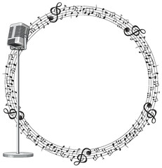Circular music notes with a classic microphone