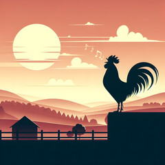 Naklejka premium Rooster singing a morning serenade, rural rustic village landscape, picturesque nature views with cereal field hills trees and the morning sun at dawn