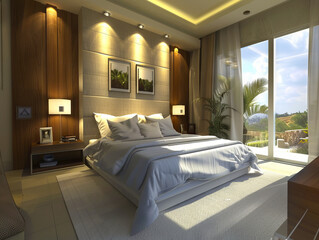 A bedroom with a large bed and a view of the outside.