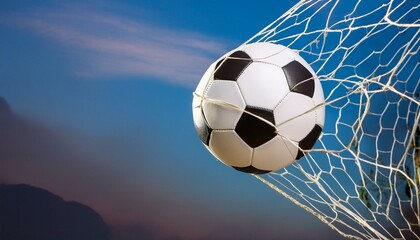 Netted Victory: Soccer Ball in Blue Background