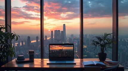 Modern workspace with panoramic cityscape sunset view and cozy office essentials