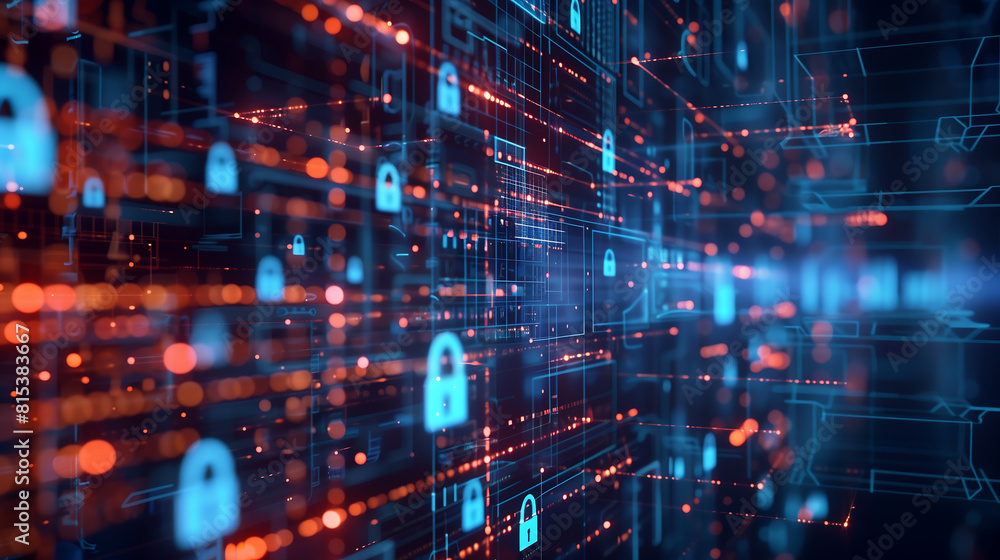 Poster digital background featuring digital padlock icons on glowing grid, representing cyber security and 