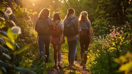 a group friends casually walking down a narrow, natural path, showcasing their backpacks surrounded by lush greenery