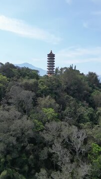 Aerial view of Pa Cien Pagoda with Ita thao pier background in Nantou