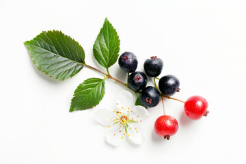 Black currant with branch and leaves on a white background.