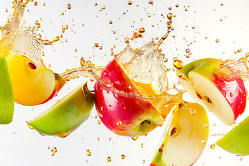 Close-up of apples flying in juice splash on light background. Fresh fruits advertising.