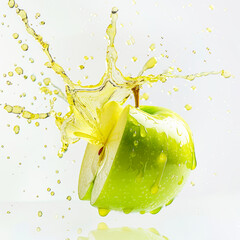 Close-up of green apple flying in  splash on light background. Fruits juice advertising.