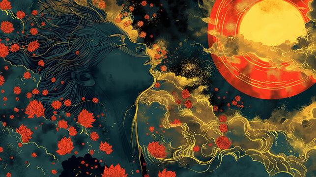 The dark-haired man stands in a field of red flowers, looking up at the setting sun