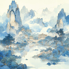Asian Aesthetic Watercolor Scenic Mountain and River Illustration