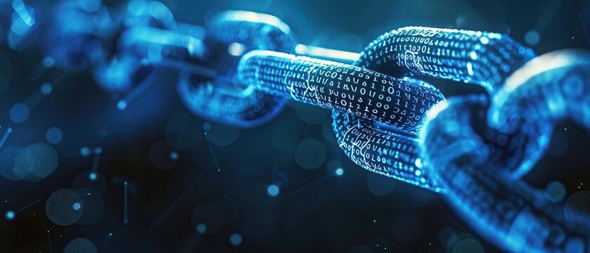 Glowing blue chains of binary code symbolizing secure blockchain technology, cryptocurrency bitcoin eth trading