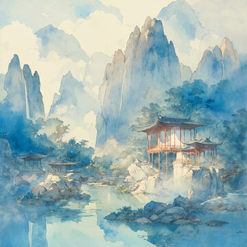 Asian Aesthetic Watercolor Scenic Mountain and River Illustration