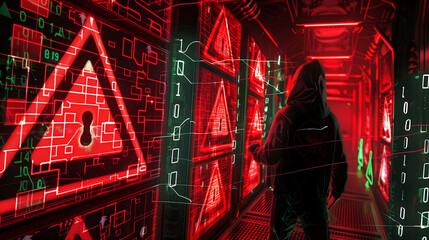 hacker in a hood walking inside a server room with red digital symbols and warning signs on the walls, in the style of cyberpunk