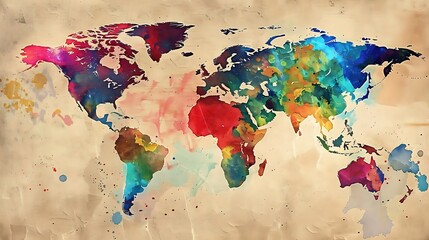 a world map with a watercolor aesthetic, abstract interpretation of a global map
