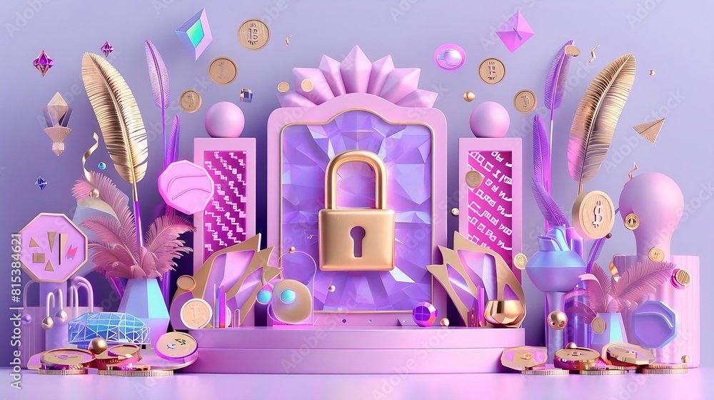 Poster a cyber security theme showcasing a large, stylized ui display framed by decorative elements in hues