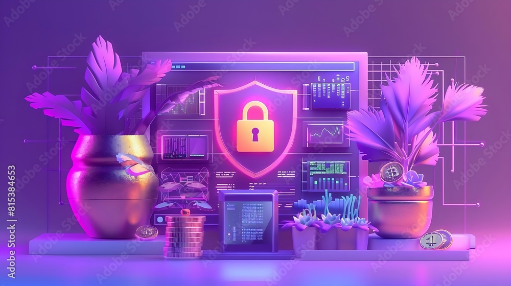 Aufkleber a cyber security theme showcasing a large, stylized ui display framed by decorative elements in hues