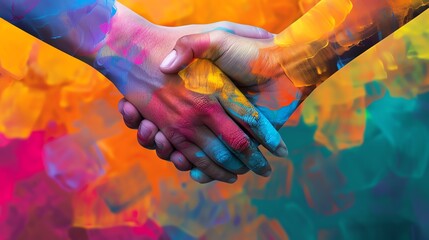 Handshake symbolizing diversity in business, top view, successful integration, digital tone, Splitcomplementary color scheme AI Generated