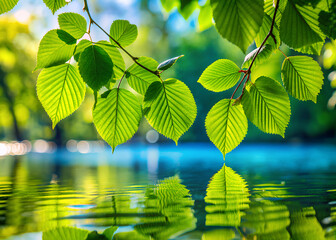 Green leaves leaning over the water, summer day, close-up