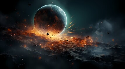 Digital blue and orange broken planet poster background