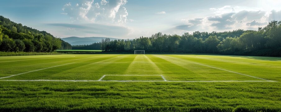 A beautiful soccer field with a goal in the distance