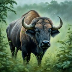 African Buffalo Nestled in Rainy Undergrowth